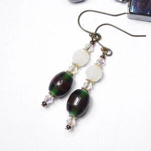 Green Glass Antique.Bronze Hooks Hidden Meaning earrings Brooched , Glitch  460■